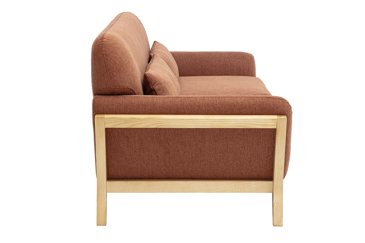 Canap� scandinave 3 places terre br�l�e, vue de profil, avec structure en bois clair.