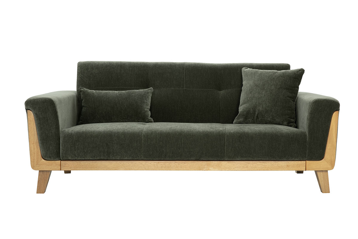Canap� scandinave 3 places en tissu effet velours vert kaki et bois clair FJORD