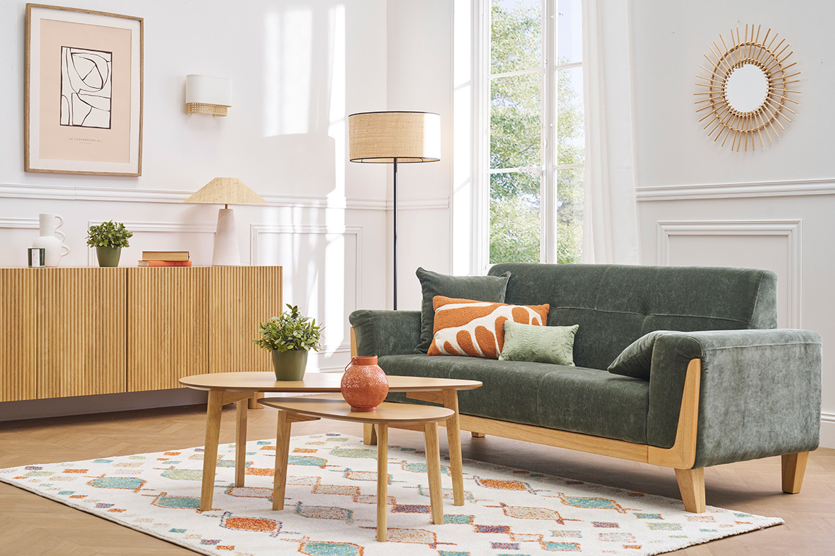 Canap� scandinave 3 places en tissu effet velours vert kaki et bois clair FJORD