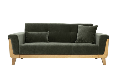 Canap&eacute; scandinave 3 places en tissu effet velours vert kaki et bois clair FJORD