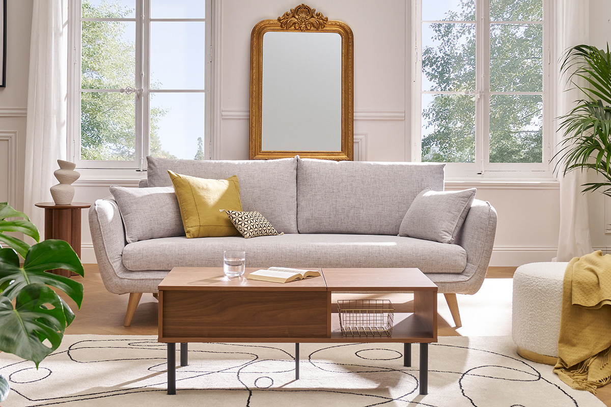 Canap� scandinave 3 places en tissu gris clair chin� et bois clair CREEP