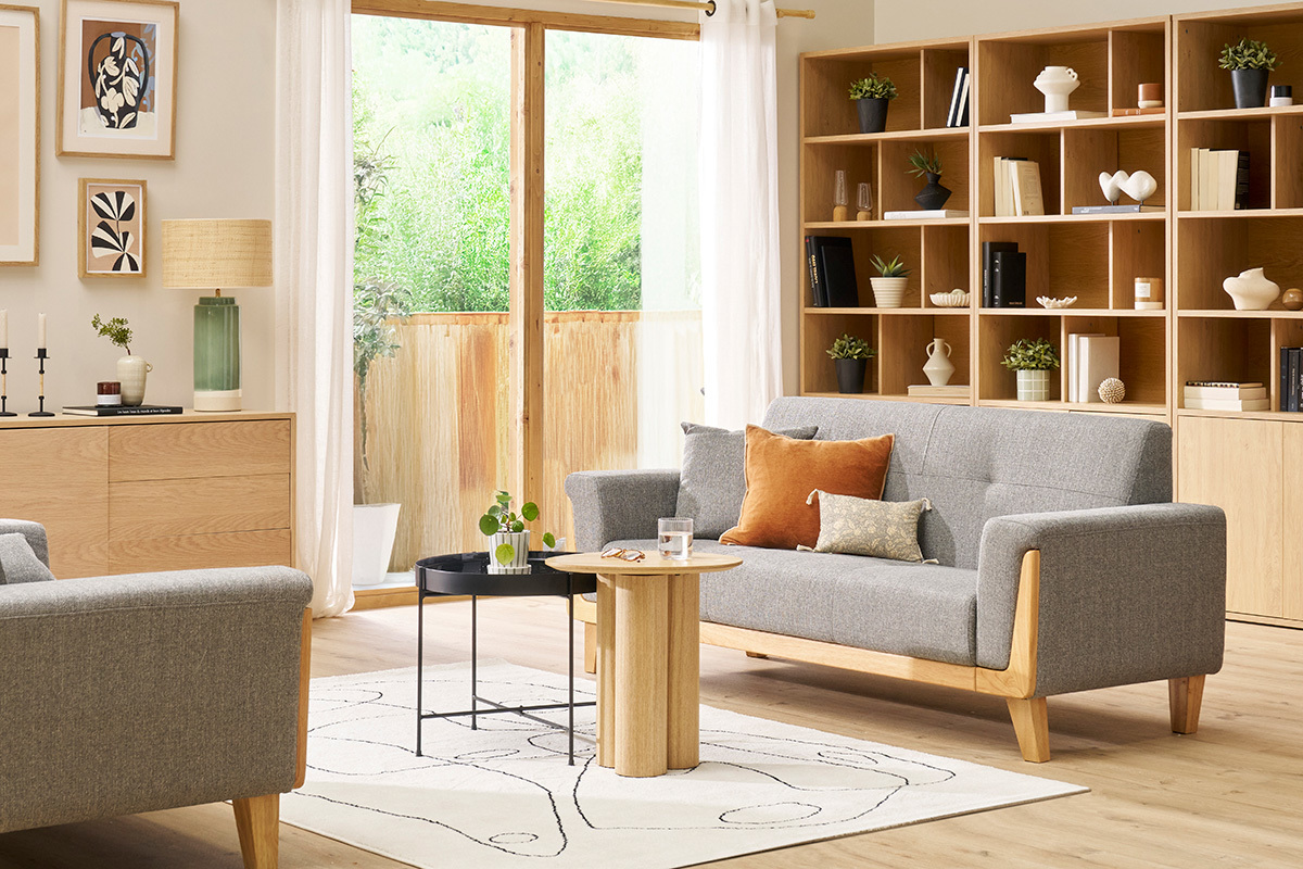 Canap� scandinave 3 places en tissu gris et bois clair FJORD