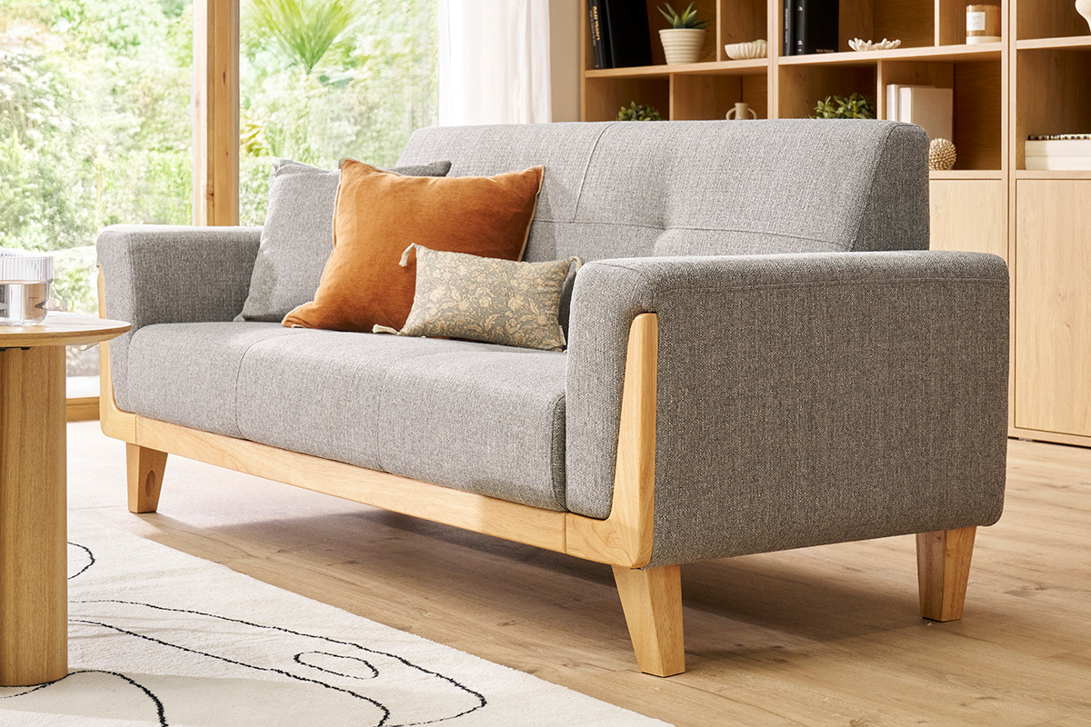 Canap� scandinave 3 places en tissu gris et bois clair FJORD