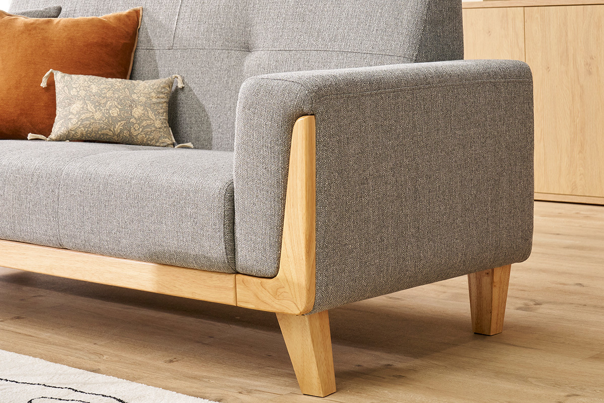 Canap� scandinave 3 places en tissu gris et bois clair FJORD