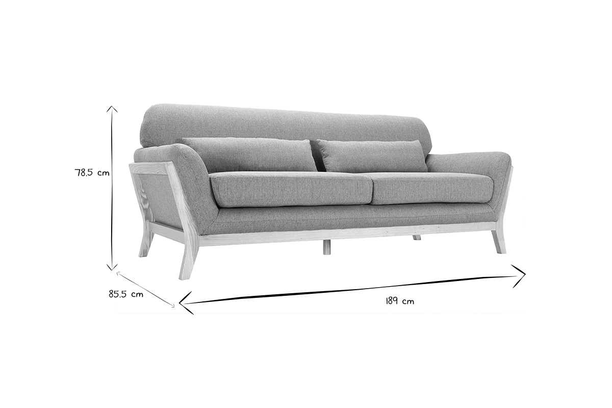 Canap� scandinave 3 places en tissu gris et bois clair YOKO