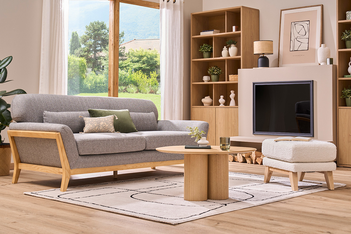 Canap� scandinave 3 places en tissu gris et bois clair YOKO