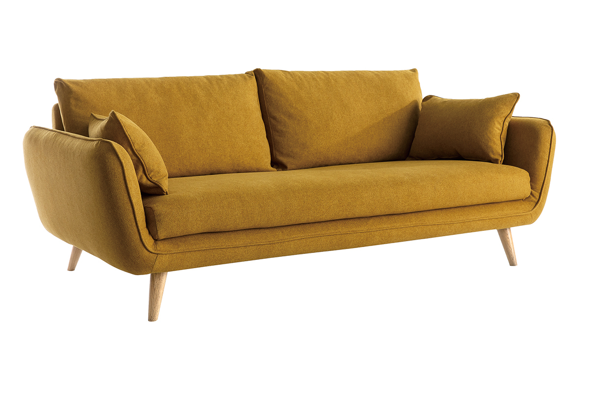 Canap� scandinave 3 places en tissu jaune cumin et bois clair CREEP
