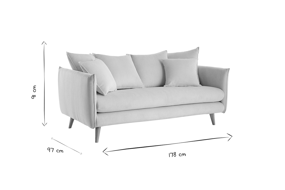 Canap� scandinave 3 places en tissu velours bleu gris et bois clair OLYMPIA