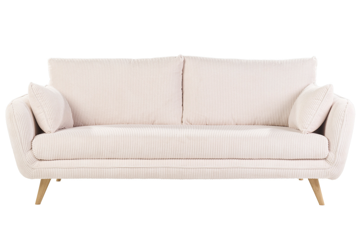 Canap� scandinave 3 places en tissu velours c�tel� �cru et bois clair CREEP
