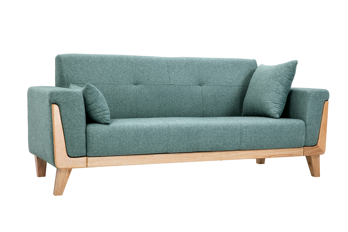 Canap� scandinave 3 places en tissu vert de gris et bois clair FJORD
