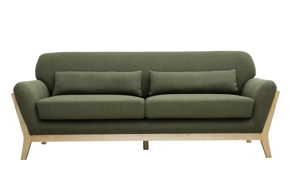 Canap� 3 places YOKO en tissu vert kaki et bois clair, vue de face.