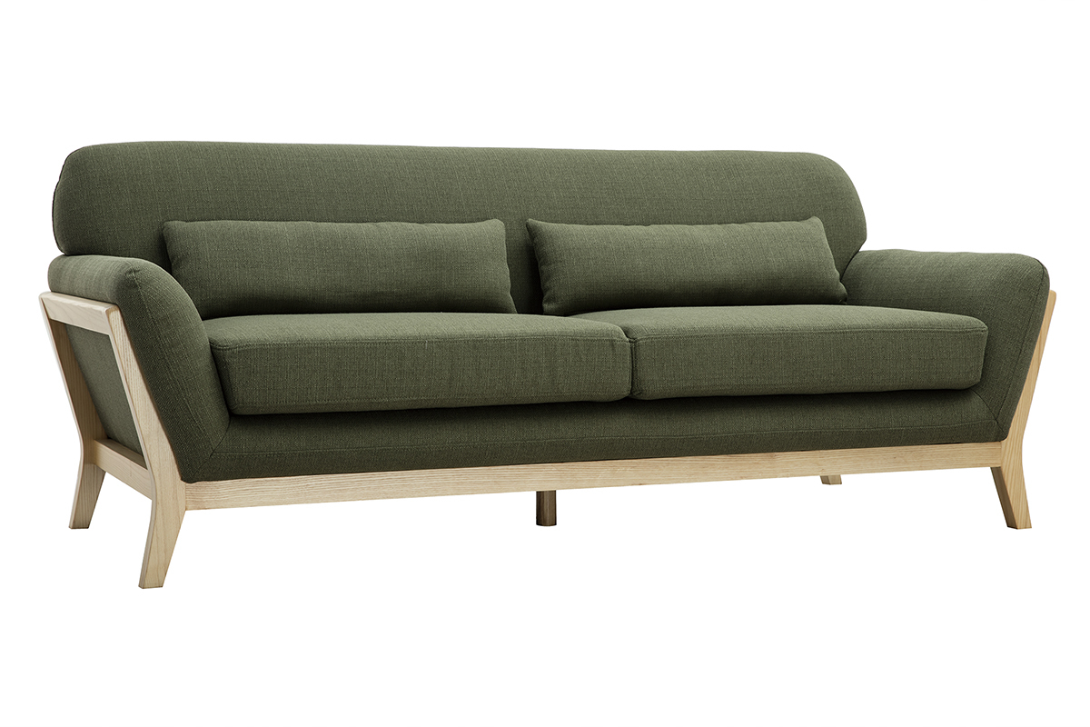 Canap� scandinave vert kaki avec structure en bois clair, vue de 3/4.