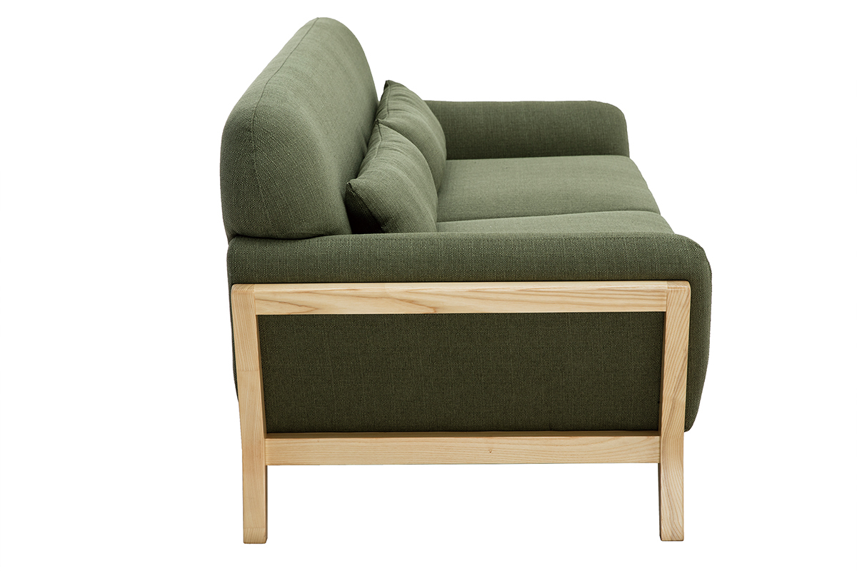Canap� scandinave 3 places vert kaki, structure en bois clair, vue de c�t�.