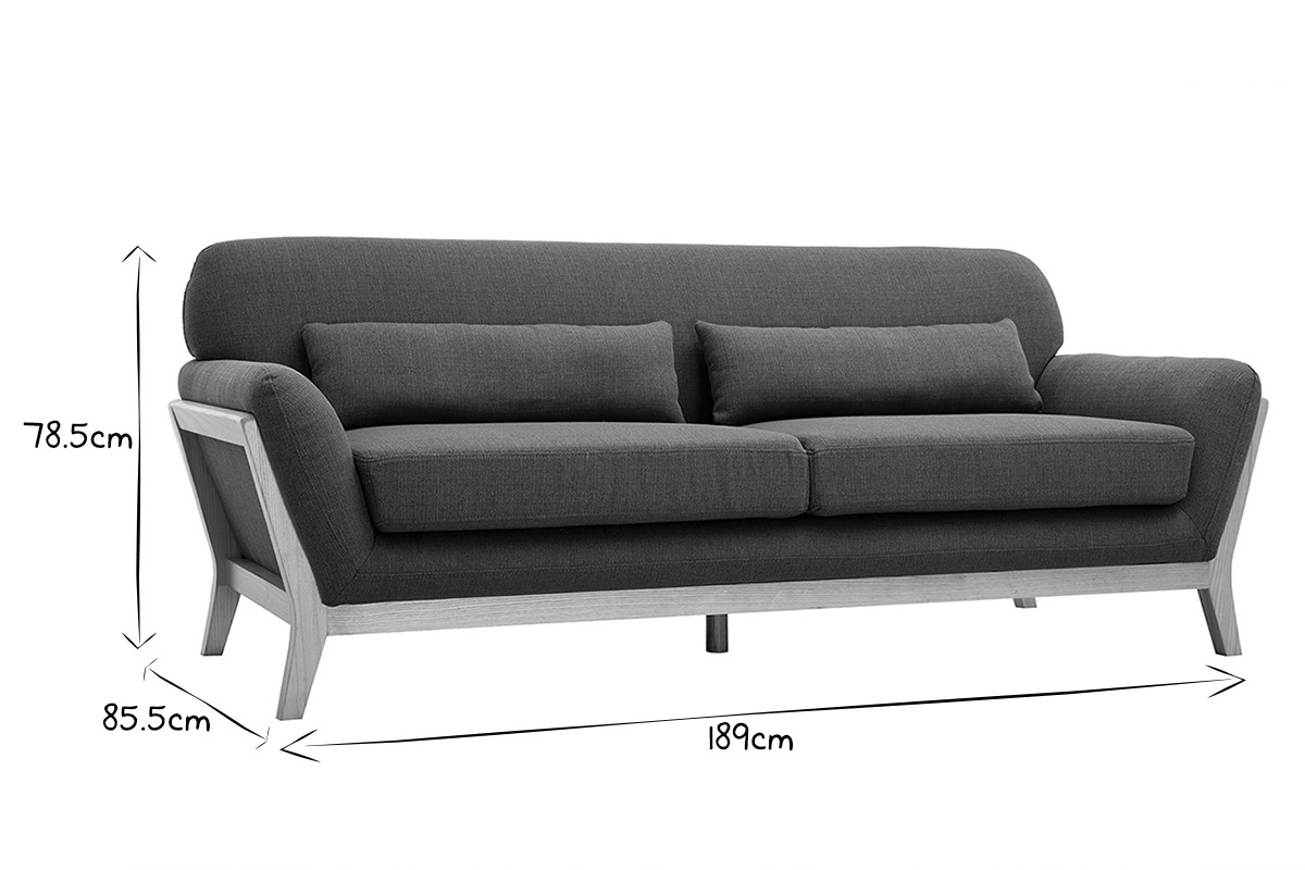 Canap� scandinave YOKO 3 places, dimensions en noir et blanc : L189 x P85 x H78.5 cm.