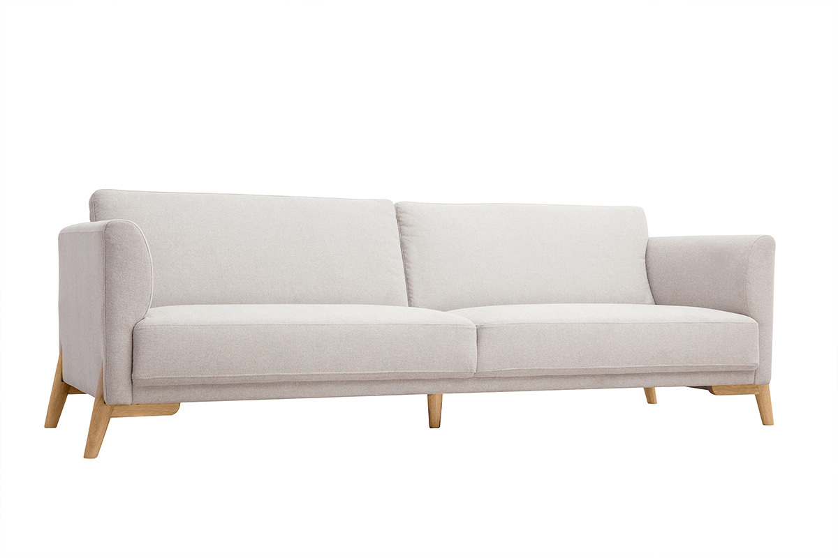 Canap� scandinave 4 places en tissu effet velours beige, vue de 3/4.