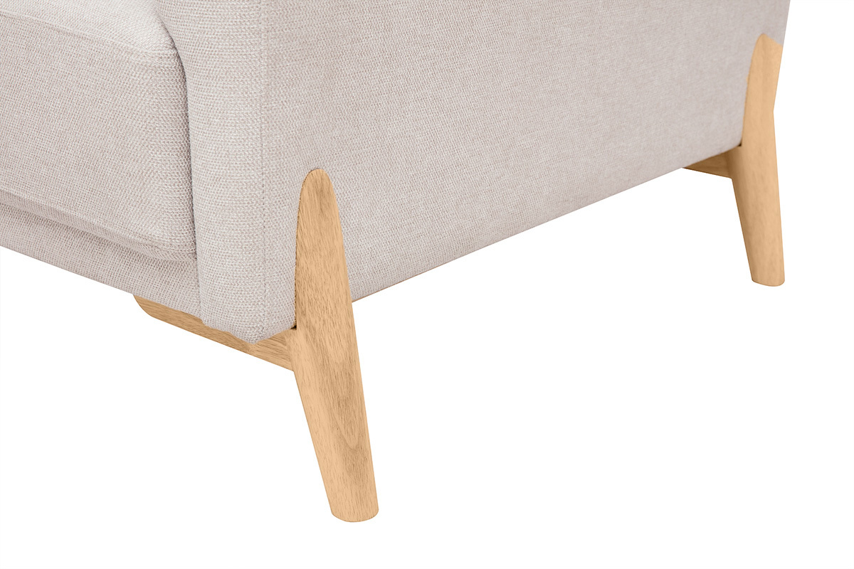 D�tail du pi�tement en bois clair du canap� scandinave beige.