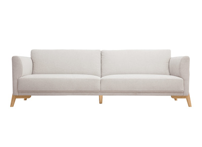 Canap&eacute; scandinave 4 places en tissu effet velours textur&eacute; beige et bois clair SINDRO