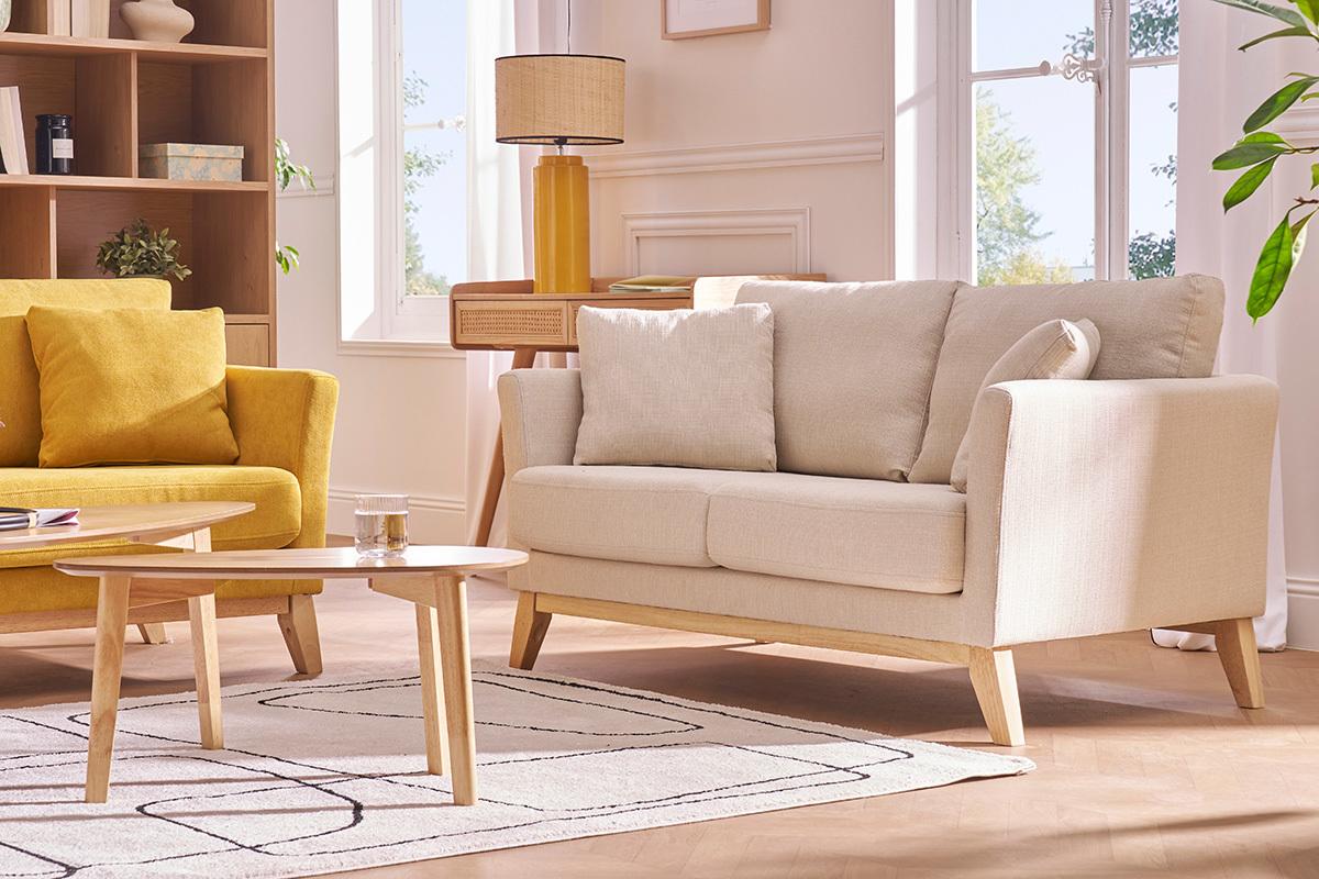 Canap� scandinave d�houssable 2 places en tissu beige et bois clair OSLO