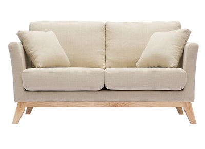 Canap&eacute; scandinave d&eacute;houssable 2 places en tissu beige et bois clair OSLO