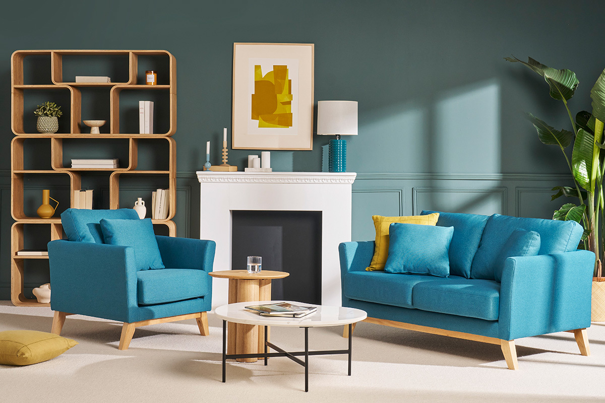 Canap� scandinave d�houssable 2 places en tissu bleu canard et bois clair OSLO