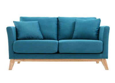 Canap&eacute; scandinave d&eacute;houssable 2 places en tissu bleu canard et bois clair OSLO