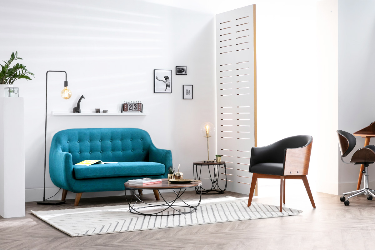 Canap� scandinave d�houssable 2 places en tissu bleu canard et bois clair YNOK