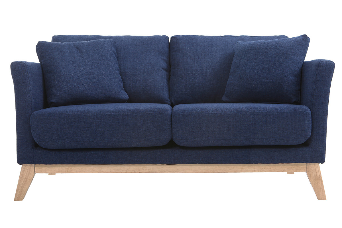 Canap� scandinave 2 places bleu fonc�, pieds en bois clair, vue de face.