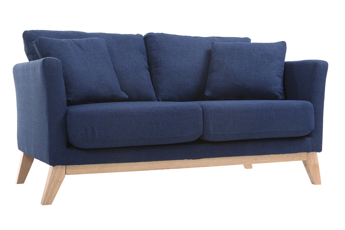 Canap� 2 places scandinave bleu fonc� avec pieds en bois clair, vue de 3/4.