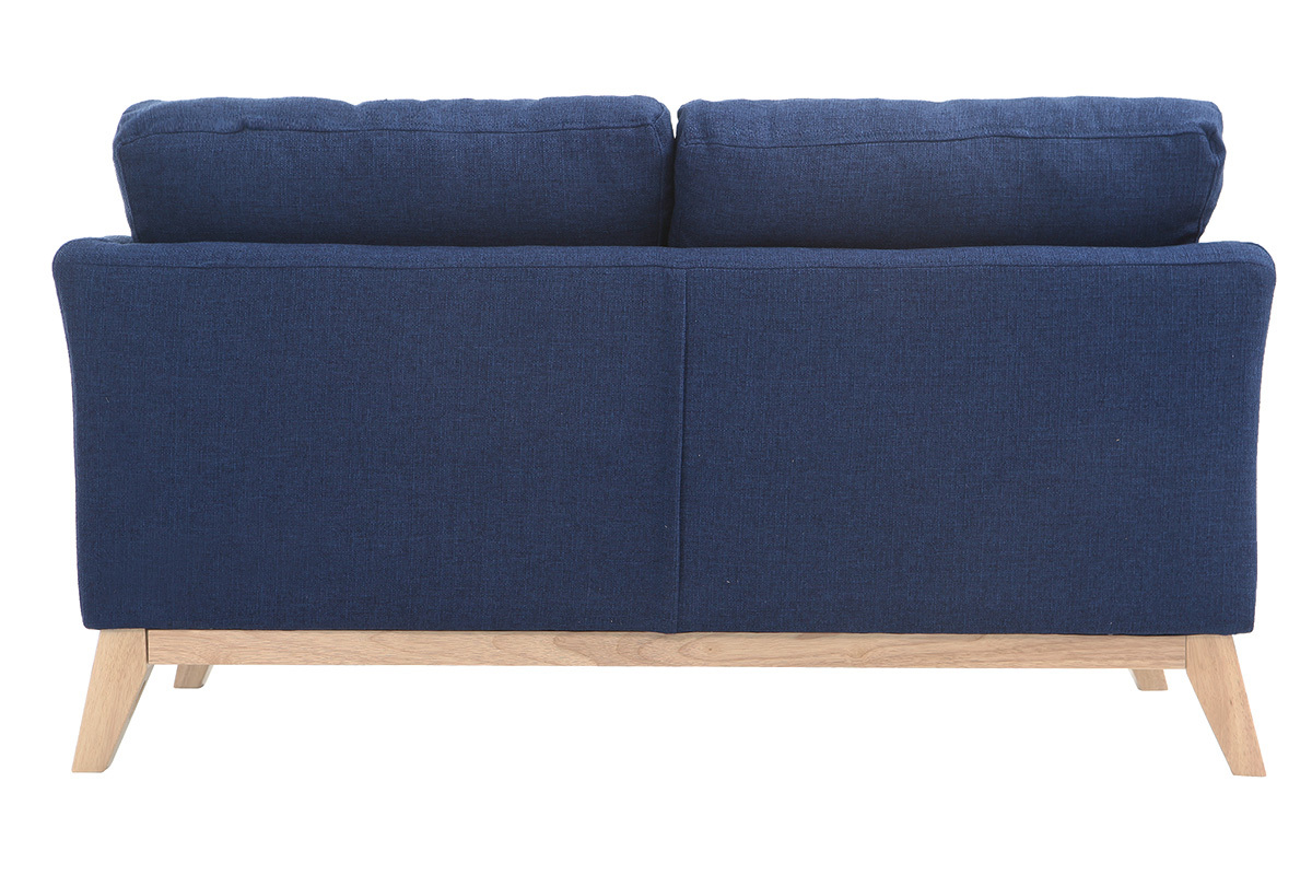 Canap� scandinave bleu fonc� deux places vu de dos, pieds en bois clair.