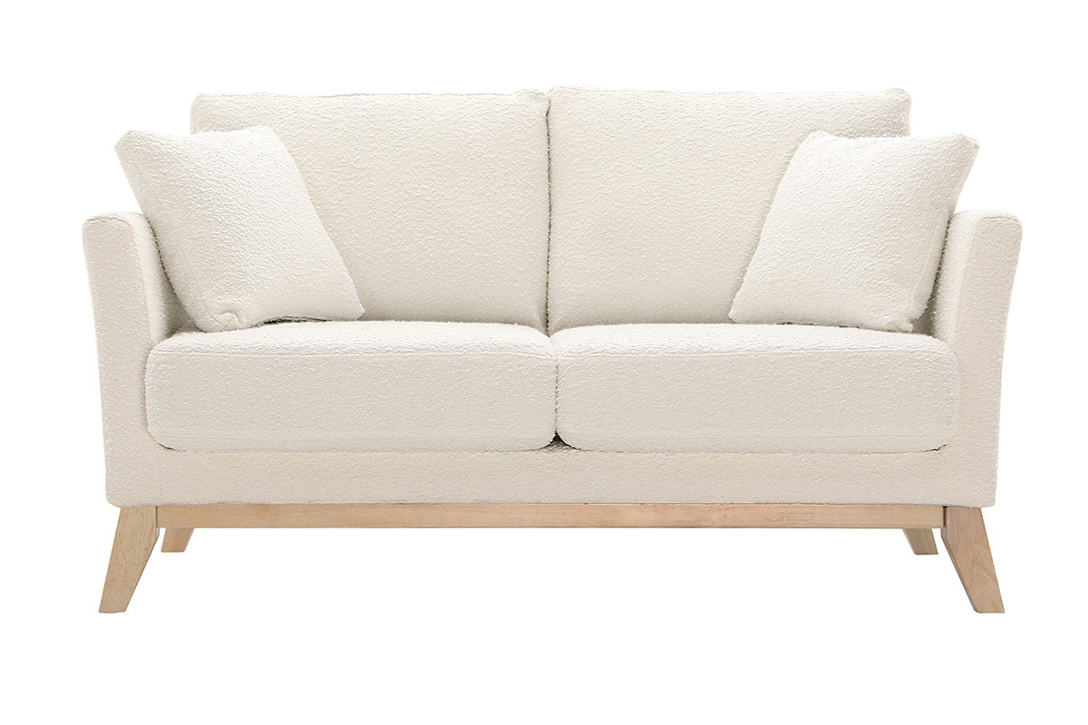 Canap� scandinave d�houssable 2 places en tissu boucl� blanc cass�, style �pur�, vu de face.