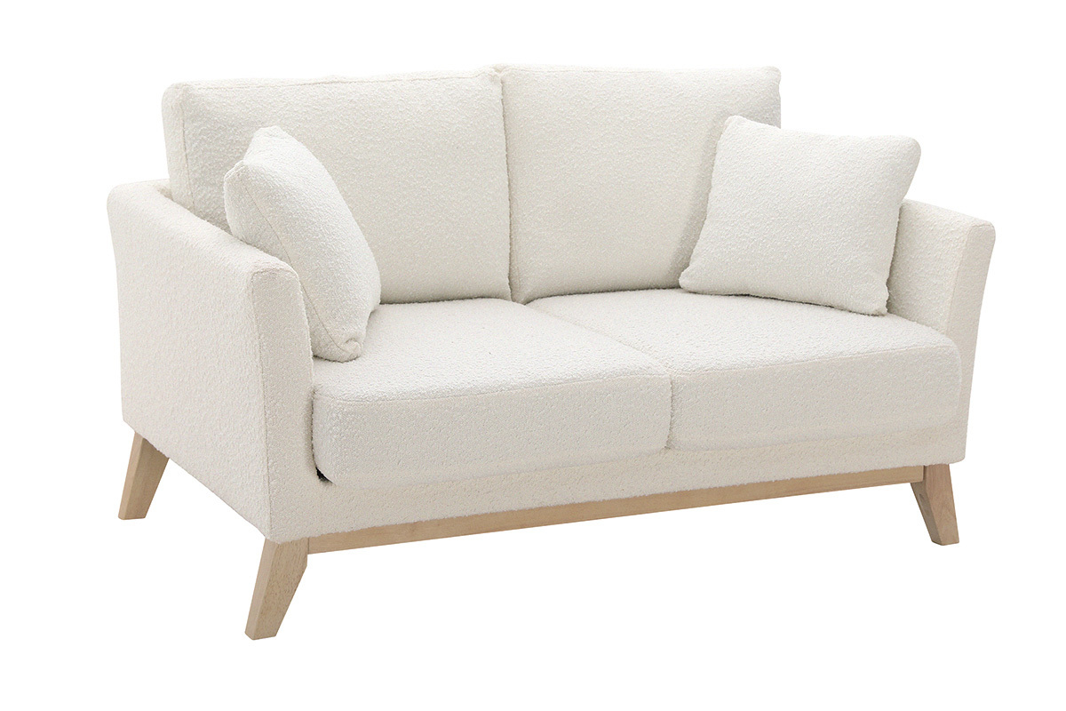 Canap� scandinave d�houssable 2 places en tissu effet laine boucl�e blanc cass�, vue de 3/4.
