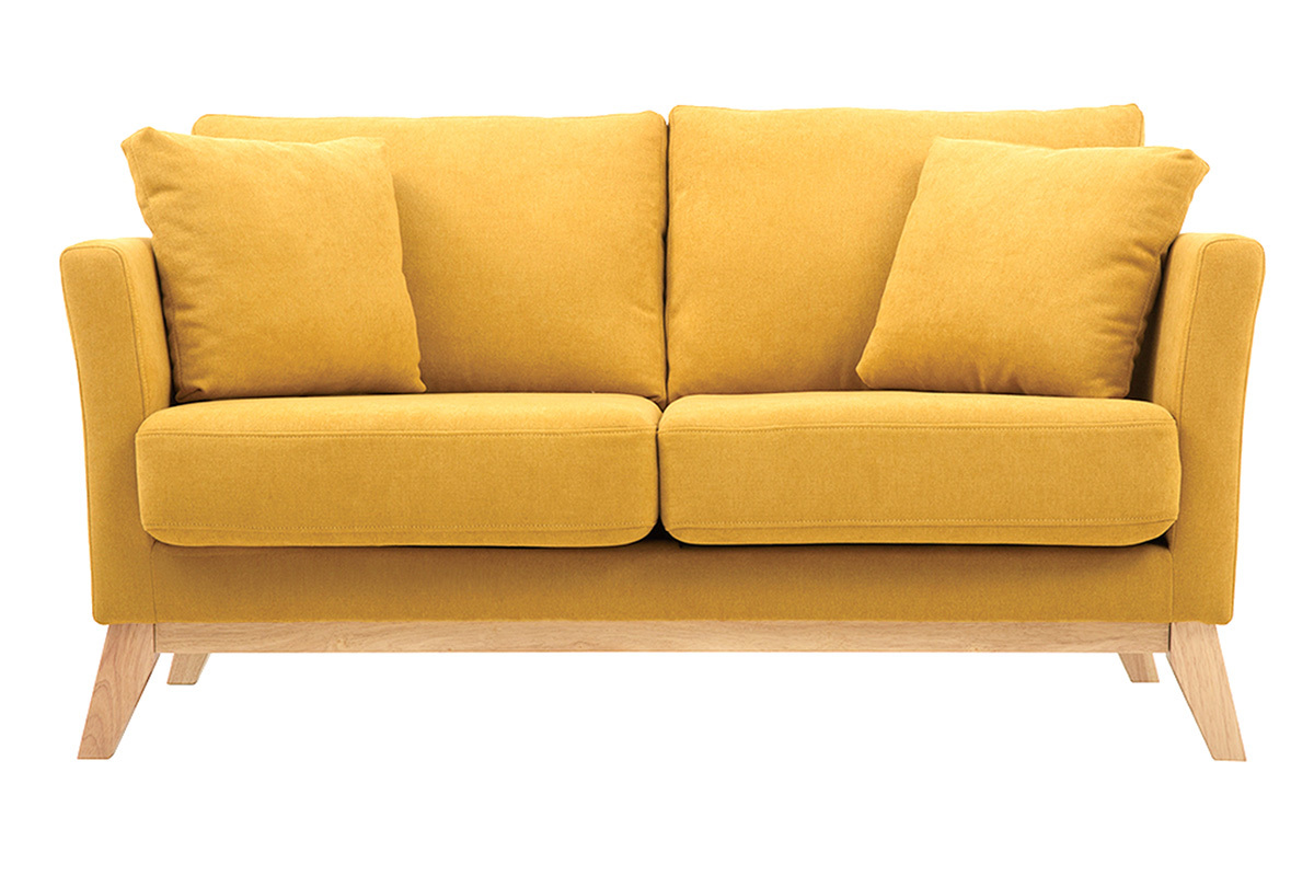 Canap� scandinave 2 places effet velours jaune avec pieds en bois clair, vue de face.