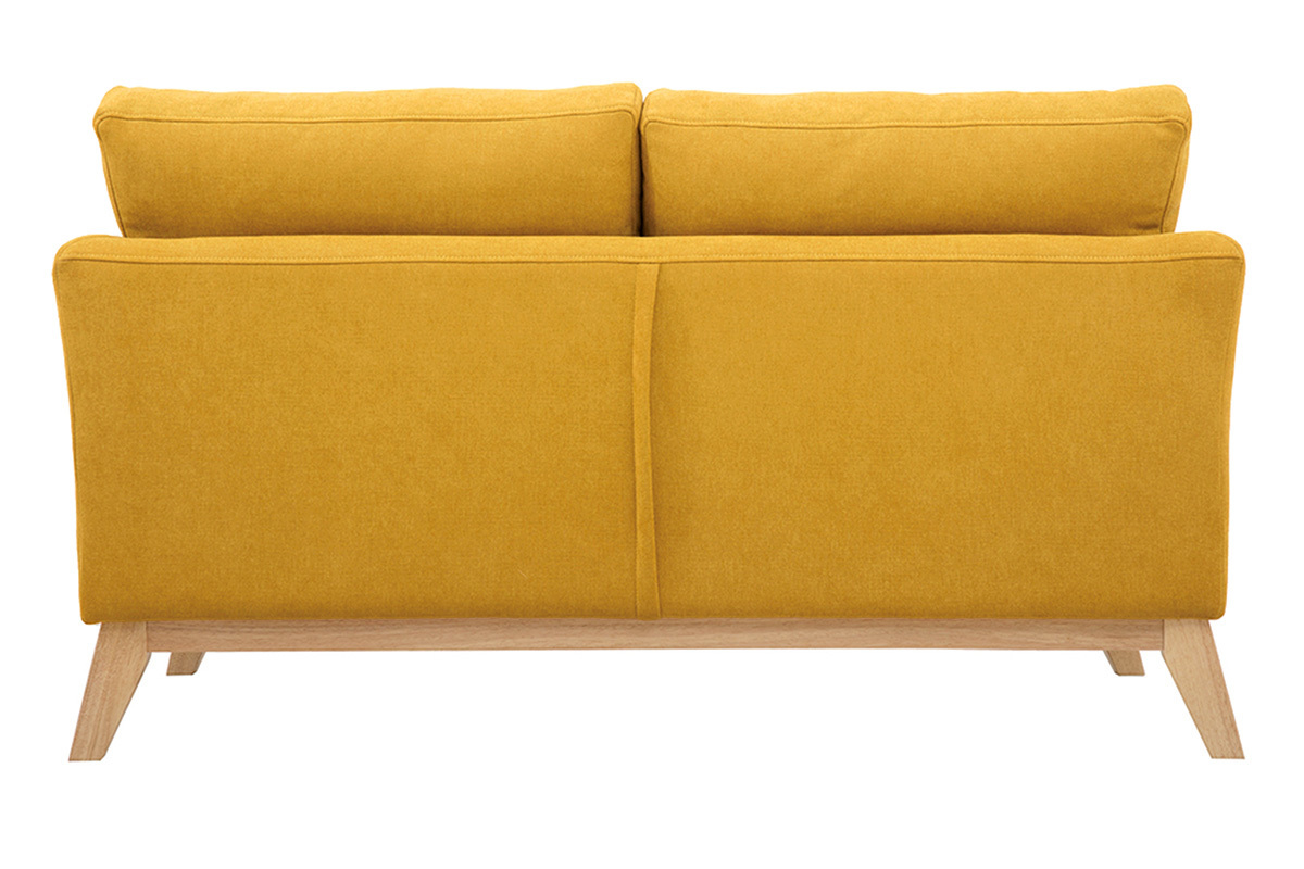 Dos du canap� OSLO scandinave en tissu jaune moutarde avec pieds en bois clair.