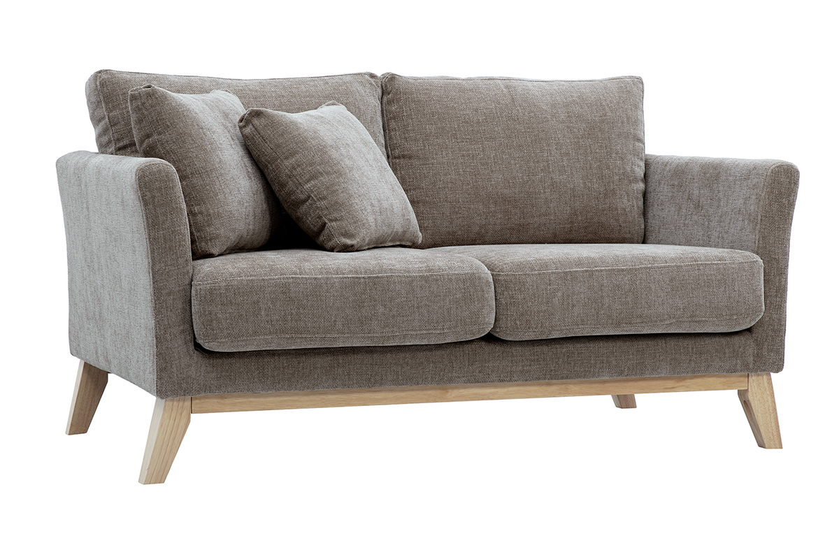 Canap� scandinave 2 places taupe en tissu effet velours et bois clair, mod�le OSLO