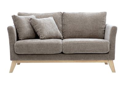 Canap&eacute; scandinave d&eacute;houssable 2 places en tissu effet velours textur&eacute; taupe et bois clair OSLO
