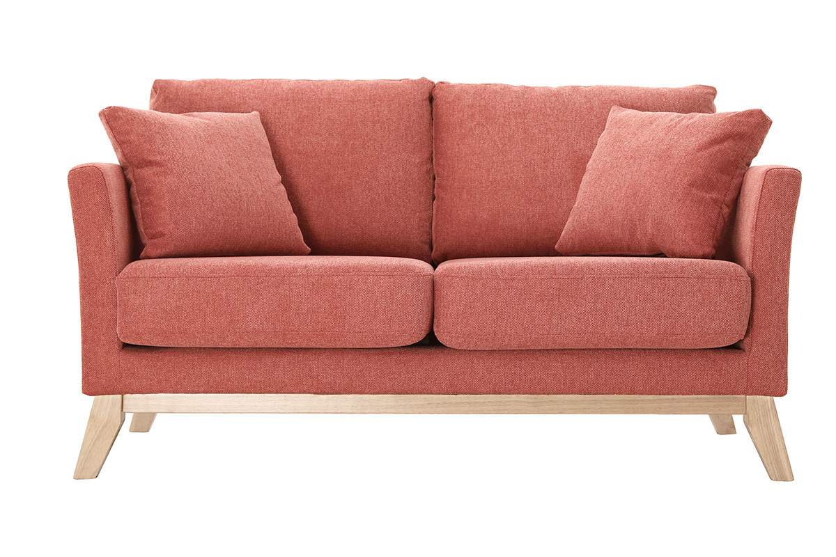Canap� scandinave d�houssable 2 places en tissu effet velours textur� terracotta et bois clair OSLO