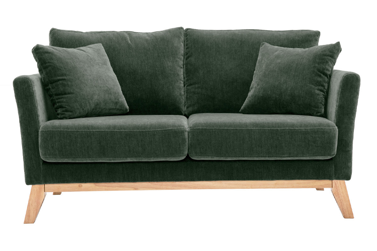 Canap� 2 places en tissu vert kaki avec pieds en bois, vue de face.
