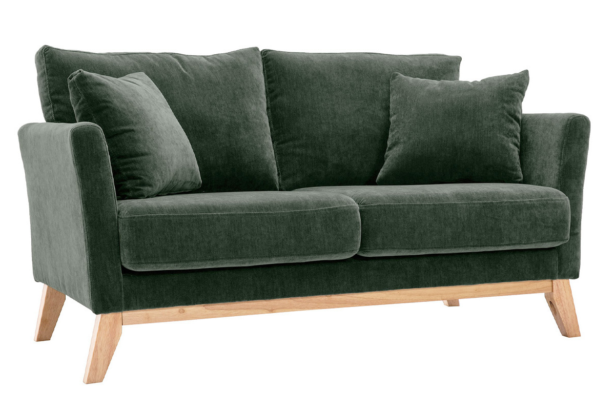 Canap� scandinave vert kaki 2 places, tissu velours et pieds en bois clair.