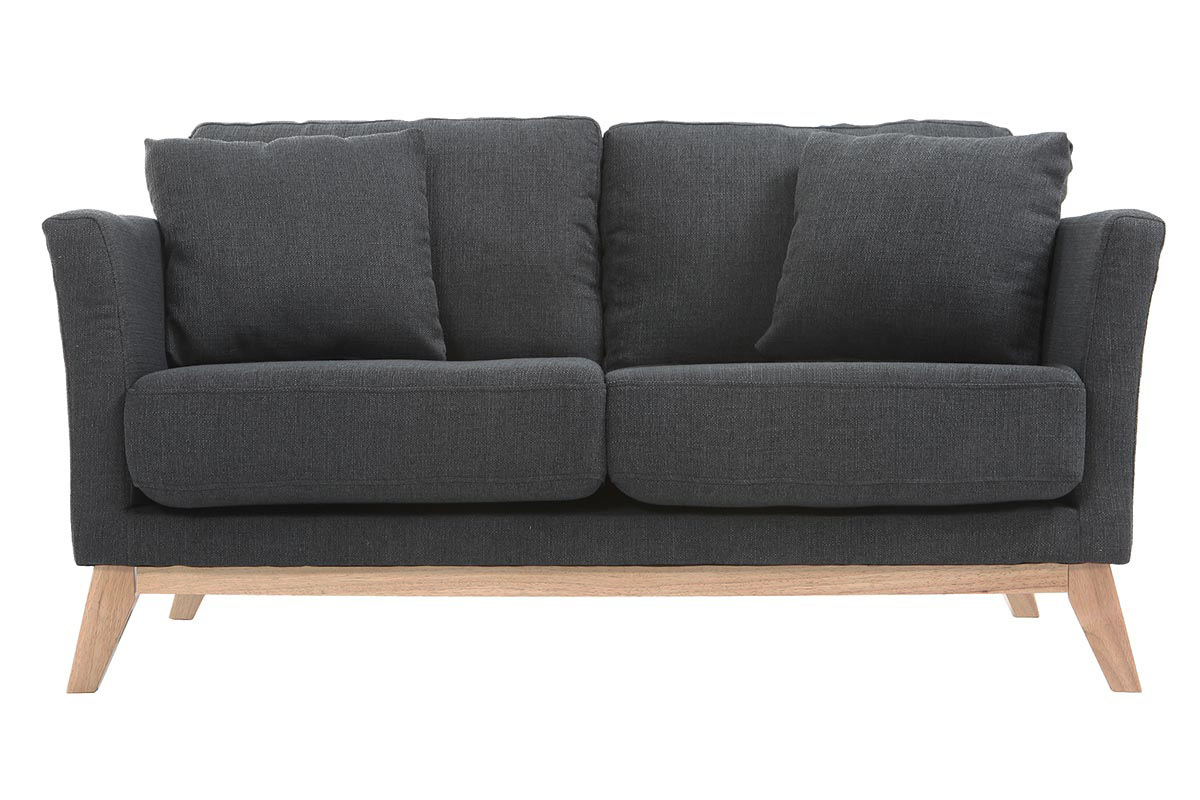 Canap� scandinave 2 places en tissu gris fonc� avec pieds en bois clair, vue de face.