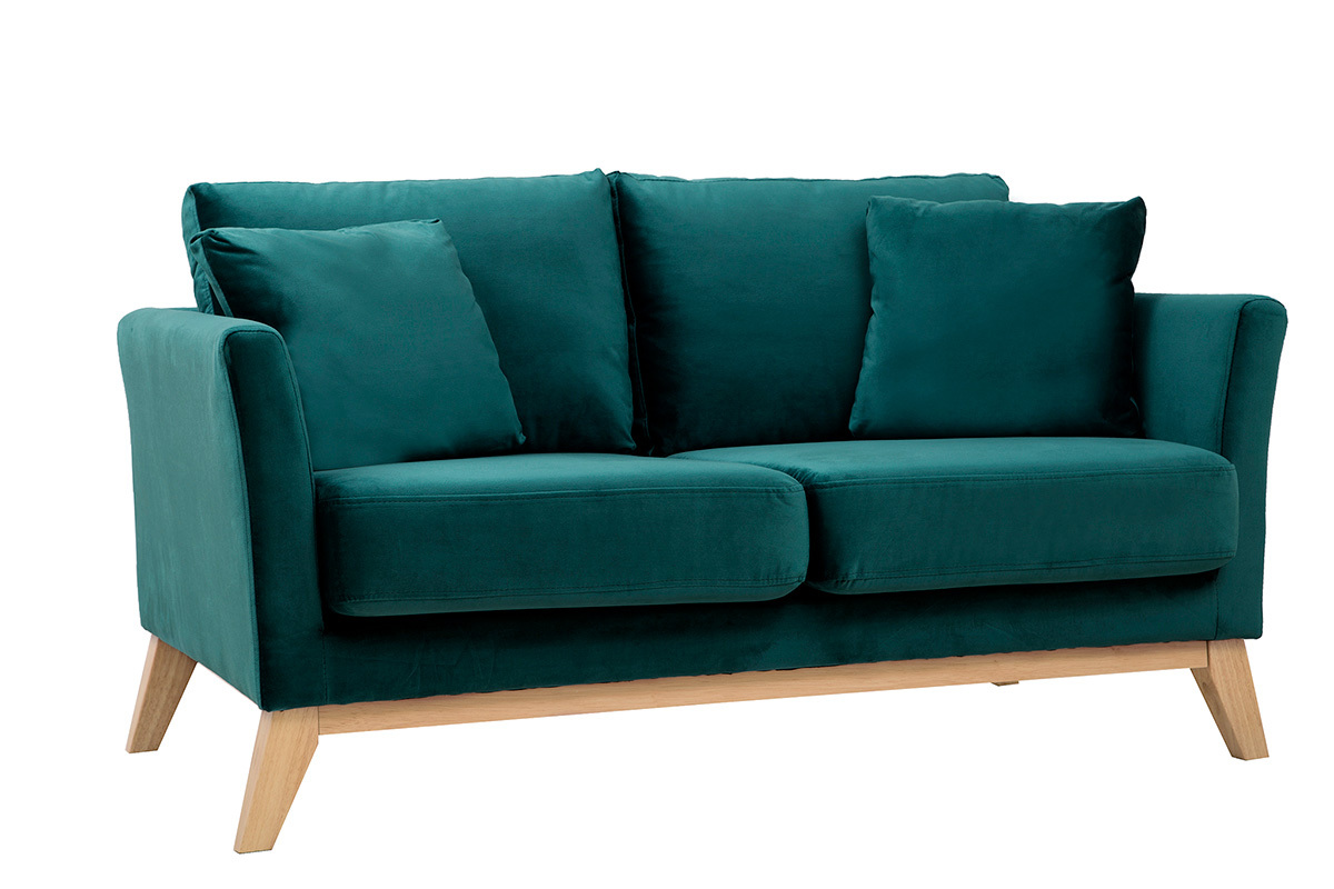 Canap� 2 places en velours bleu p�trole et bois clair, vue de 3/4.