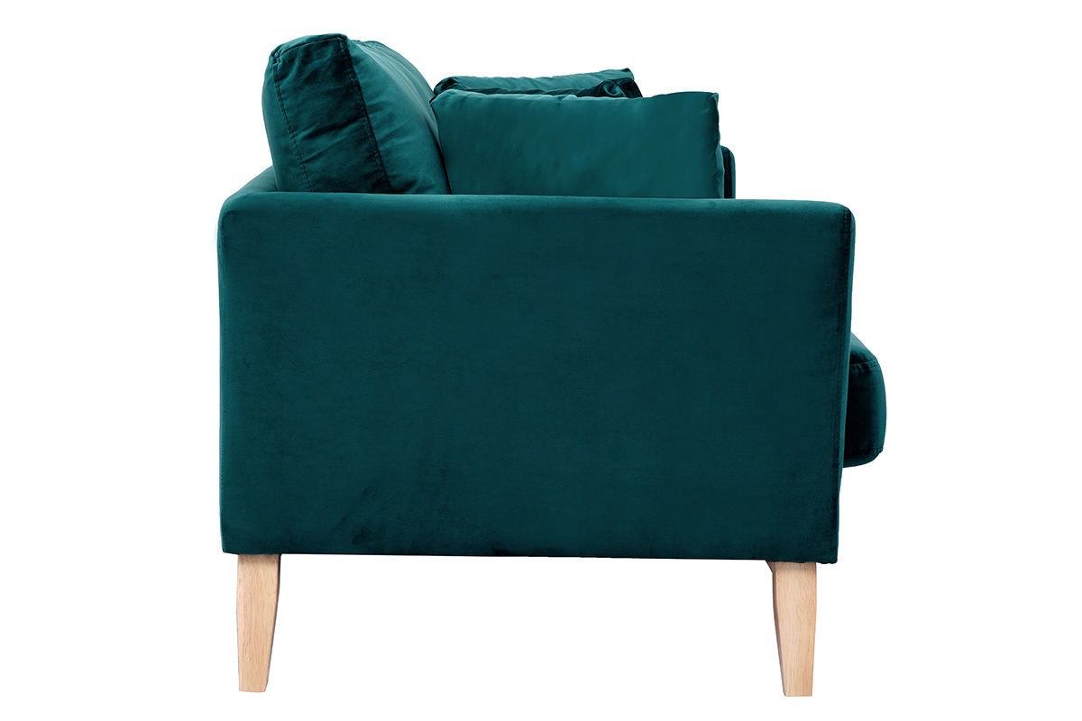 Canap� scandinave OSLO, tissu velours bleu p�trole, pieds bois clair, vue de profil.