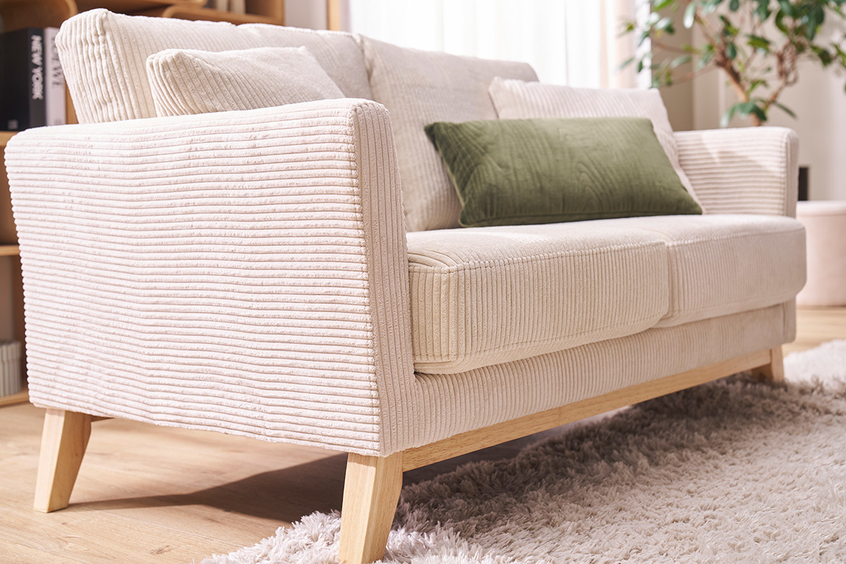 Canap� scandinave d�houssable 2 places en tissu velours c�tel� beige et bois clair OSLO