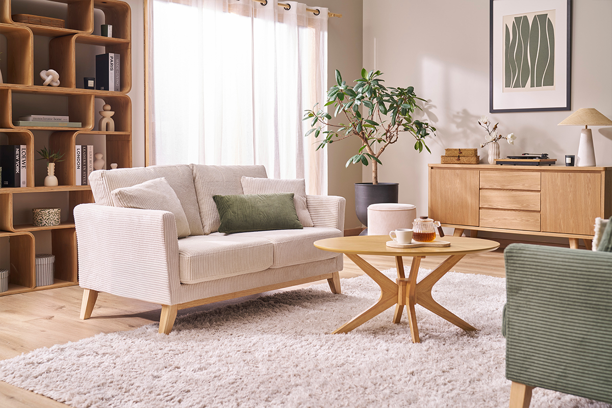 Canap� scandinave d�houssable 2 places en tissu velours c�tel� beige et bois clair OSLO