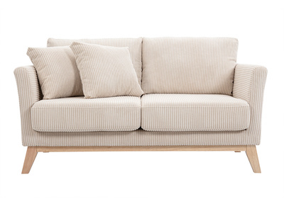 Canap&eacute; scandinave d&eacute;houssable 2 places en tissu velours c&ocirc;tel&eacute; beige et bois clair OSLO