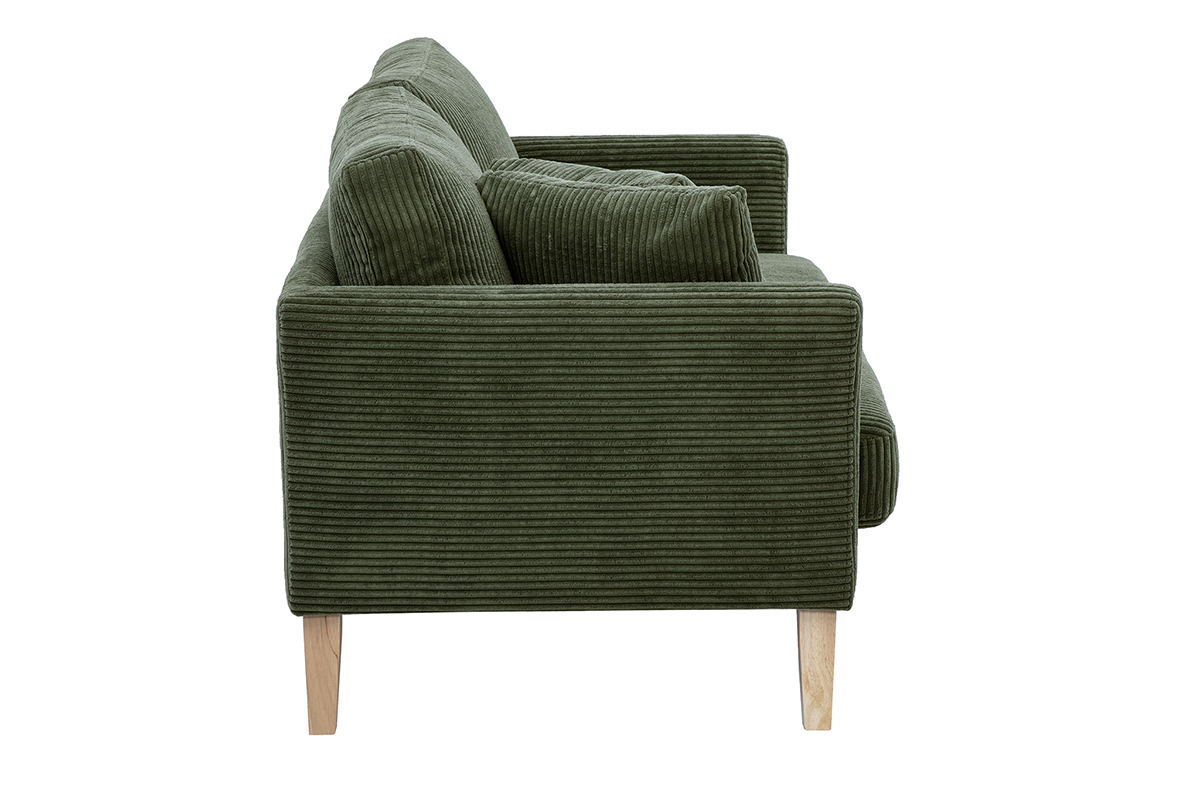 Canap� scandinave 2 places en tissu velours c�tel� vert kaki et bois clair OSLO