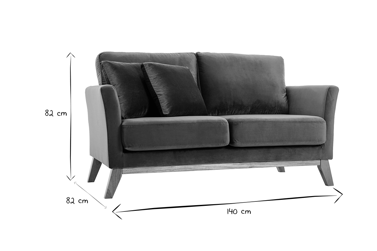 Canap� 2 places Oslo en velours, dimensions 140x82 cm, noir et blanc, vue de face.