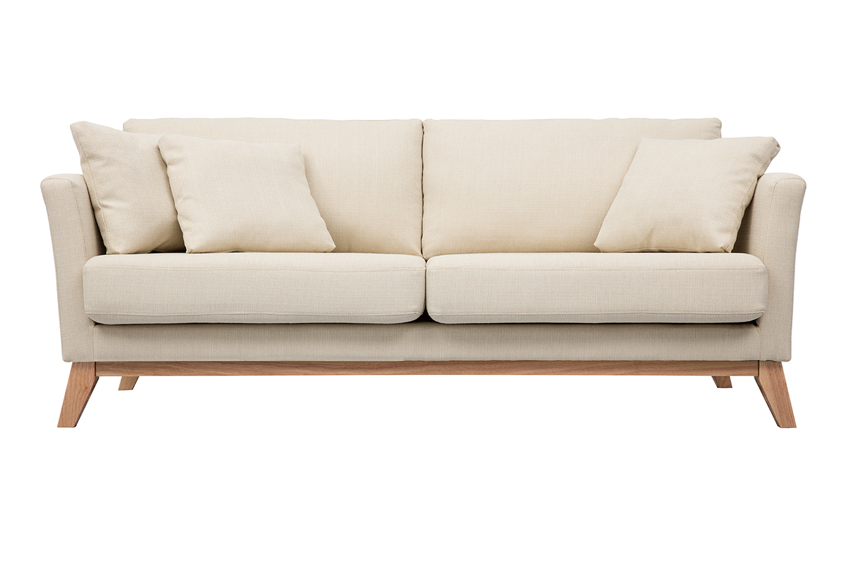 Canap� scandinave 3 places beige en tissu et pieds en bois clair, vue de face.