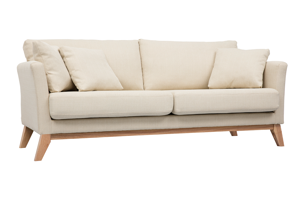 Canap� scandinave 3 places beige et bois clair, vue de 3/4.