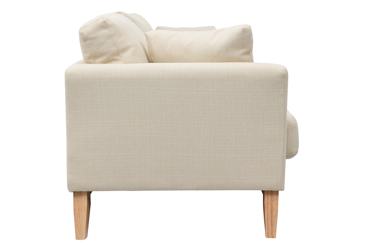 Canap� beige scandinave 3 places, vue de c�t�, pieds en bois clair.