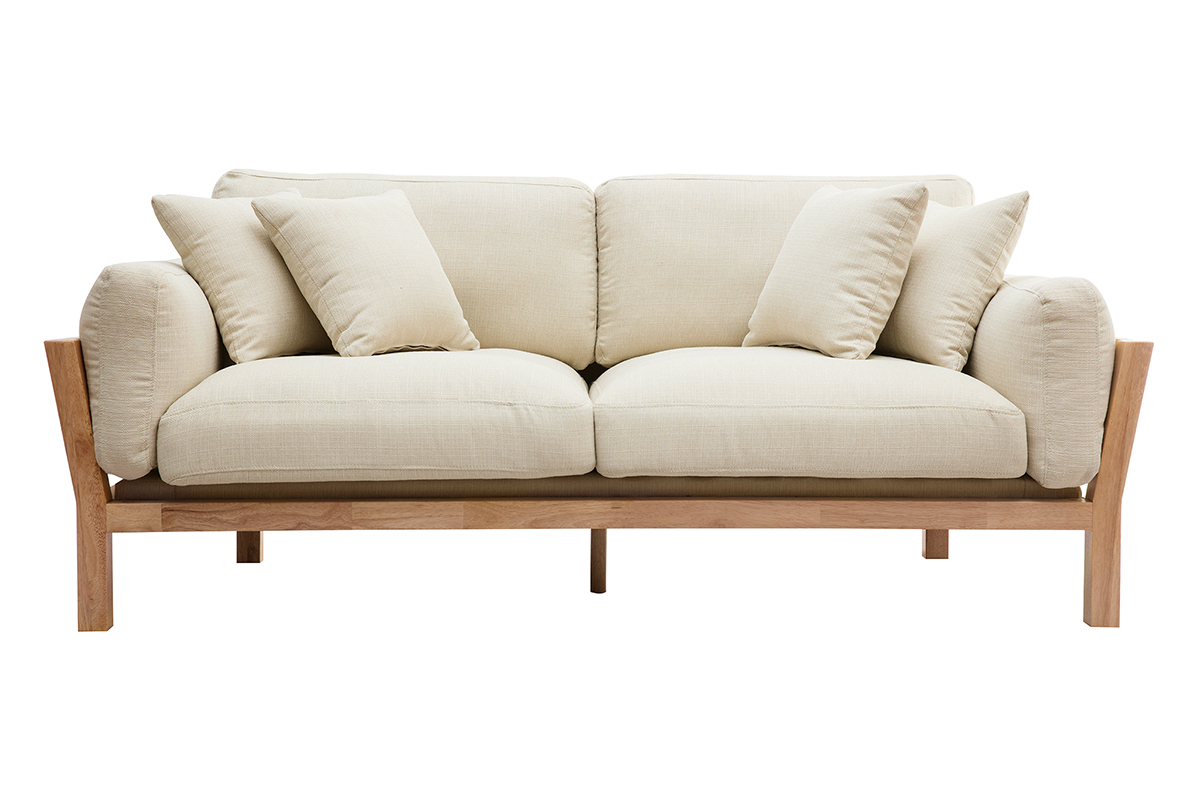 Canap� scandinave d�houssable 3 places en tissu blanc cr�me et bois clair KYO
